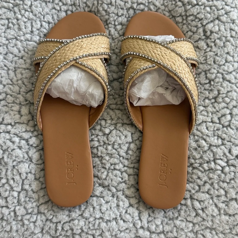 NIB J Crew Raffia Crisscross Slide Sandals With Rhinestone Lining